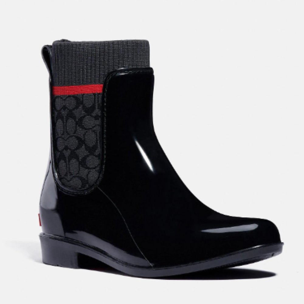 Coach Black Patent Chelsea Rain Boots with Signature Logo Knit and Red Trim - Picture 4 of 5